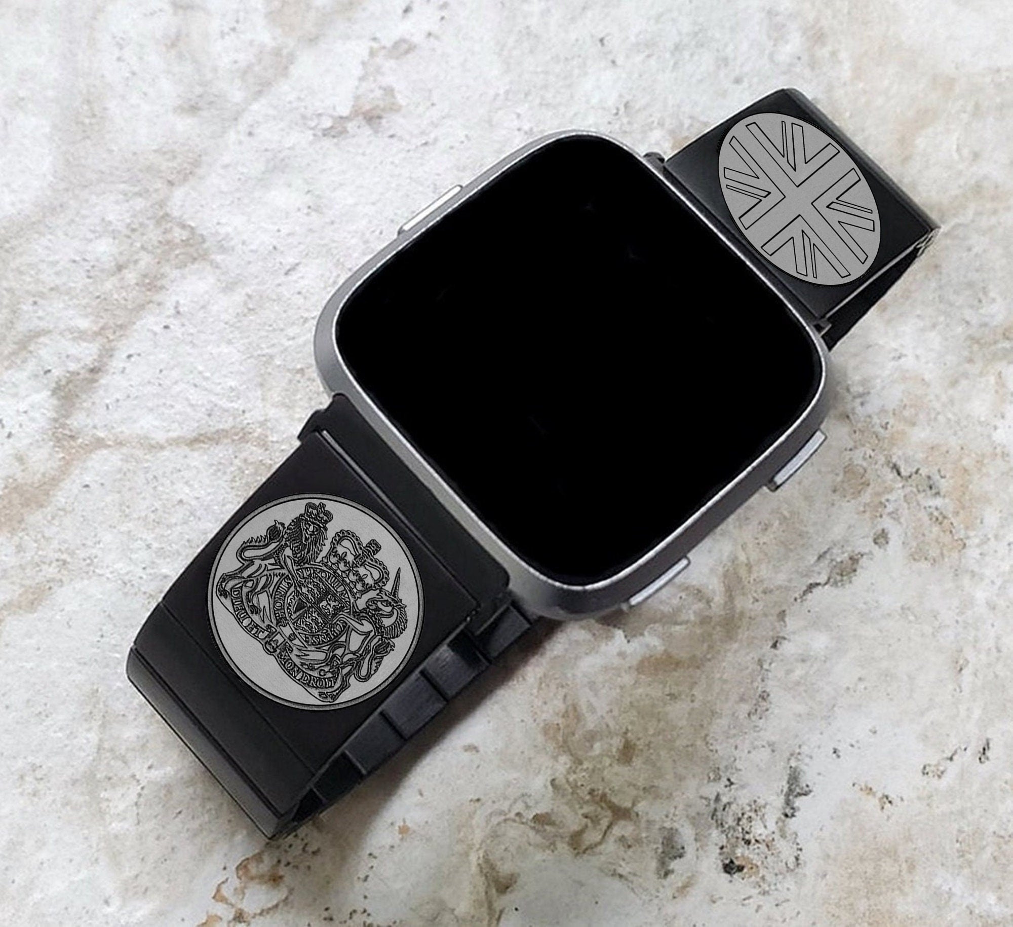 Fitbit Watch Band Great Britain UK Symbols Compatible with Versa Lite 2 3 4 and Sense 1 2 Smartwatches Engraved Black St Steel Strap UKS